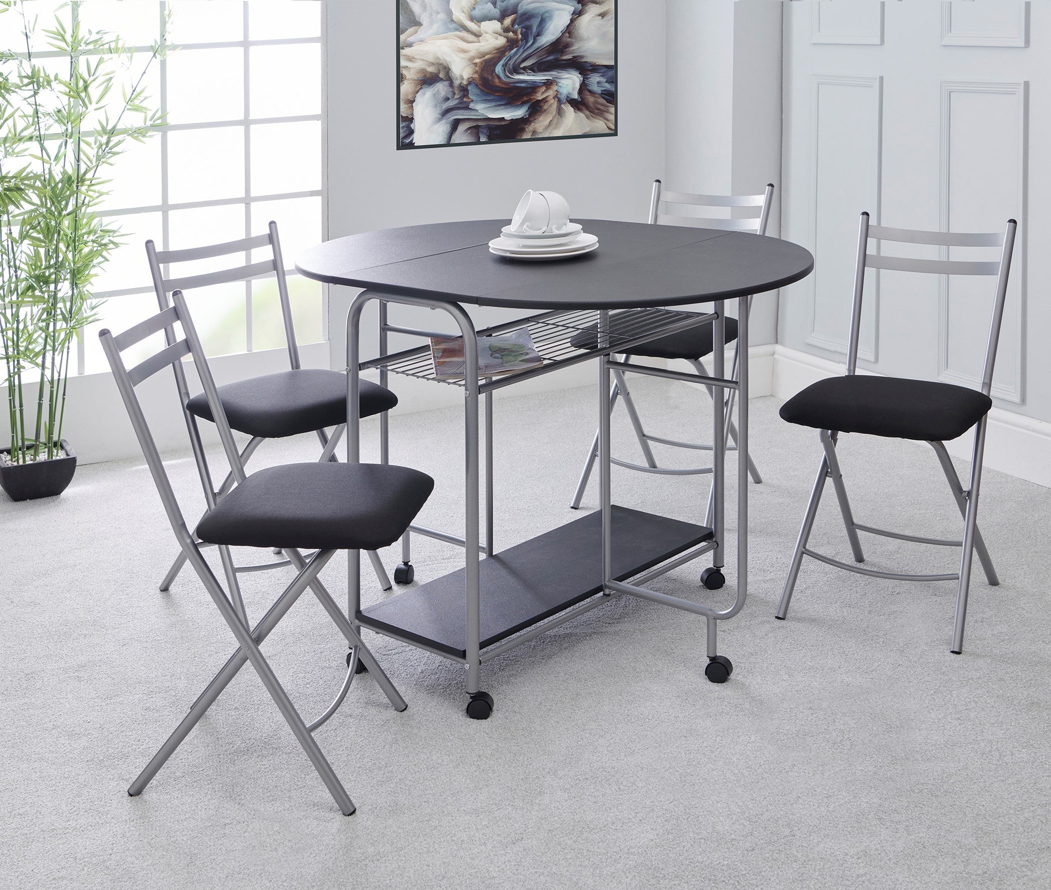 Stowaway Dining Set with Padded Seats - Black/Silver - Hortibliss