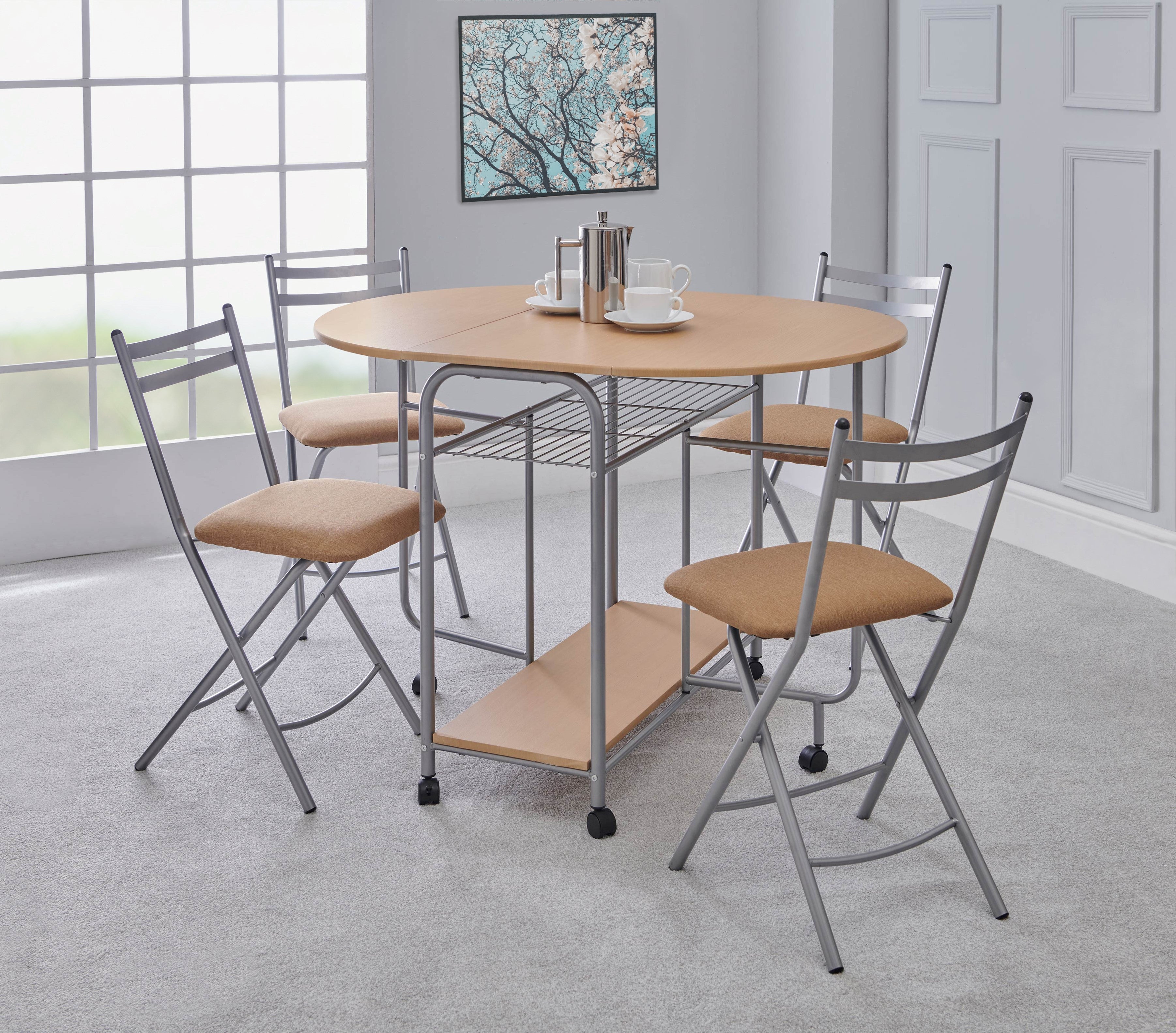 Stowaway Dining Set with Padded Seats - Oak/Silver - Hortibliss